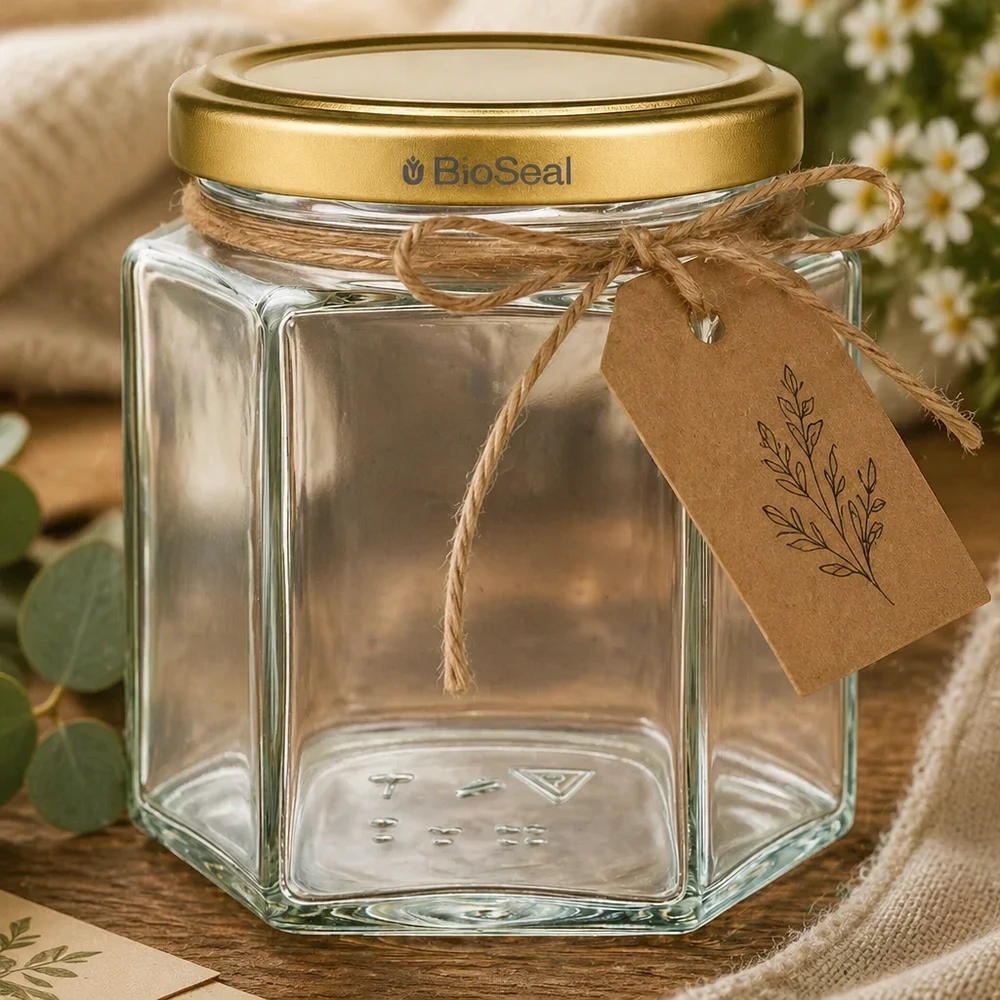 Honingpot 520 g met gouden BioSeal UNiTWIST-deksel Leeres 520g BioSeal Honigglas hexagonal mit Golddeckel und rustikaler Kraftpapier-Banderole als Geschenkverpackung