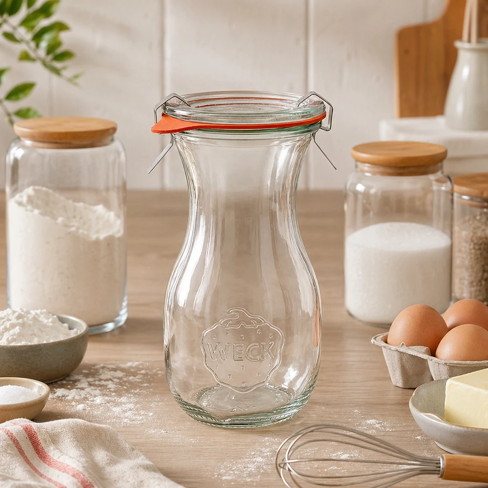 290 ml sapfles, compleet WECK RR60 WECK sapfles 290ml RR60 leeg in moderne keuken tussen bakingrediënten en voorraadpotten op werkblad
