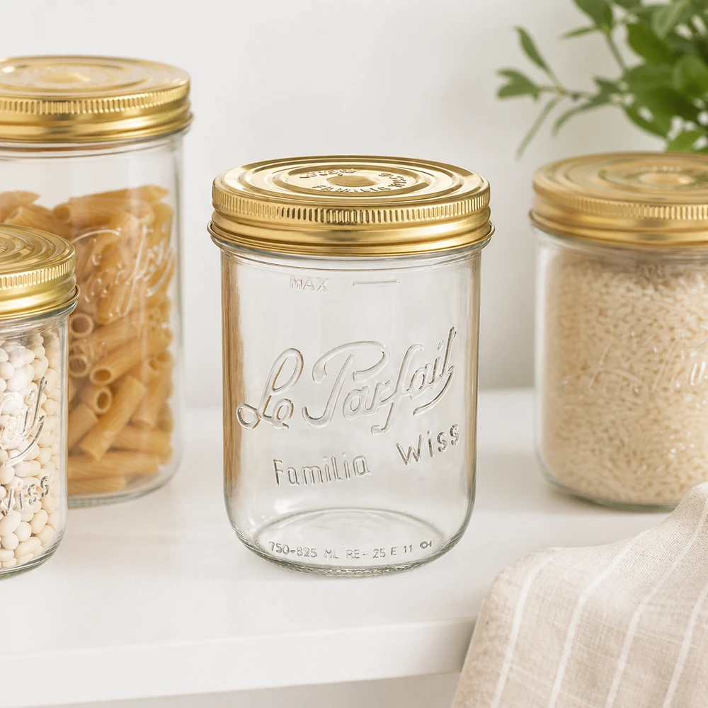 Le Parfait® Familia Wiss 1 kg Ø100 mm pot Familia Wiss 1020ml mason jar met gouden deksel voor het bewaren en opslaan in de keuken