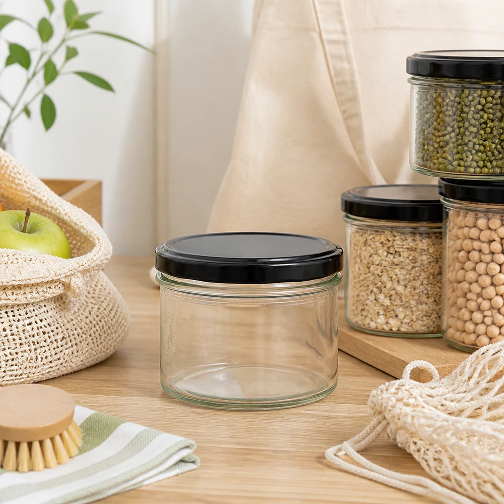 225ml bekers met BasicSeal deksel zwart UNiTWIST 225 ml mason jar met zwart deksel in zero-waste keuken met duurzame voorraadpotten en eco-producten