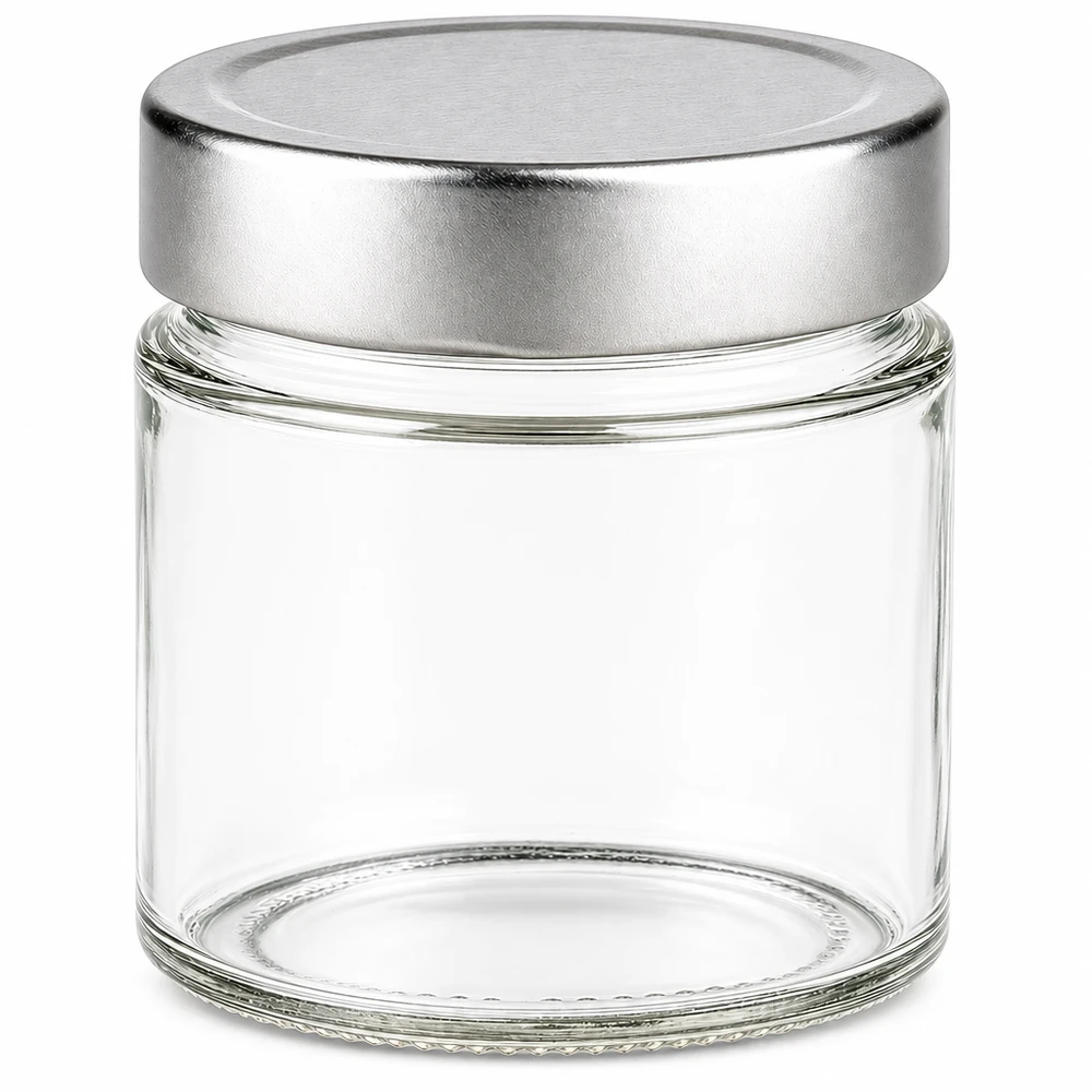 135ml rond glas met BasicSeal deksel zilver deep UNiTWIST 135ml ronde pot met zilveren BasicSeal deksel leeg op witte achtergrond Glazen pot voorraadpot