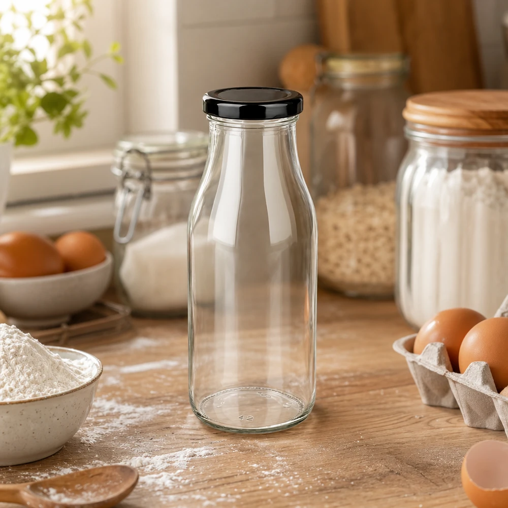 263ml fles met BasicSeal deksel zwart UNiTWIST 263ml glazen fles met zwart deksel, gerangschikt in een natuurlijke keukenomgeving met eieren en bloem