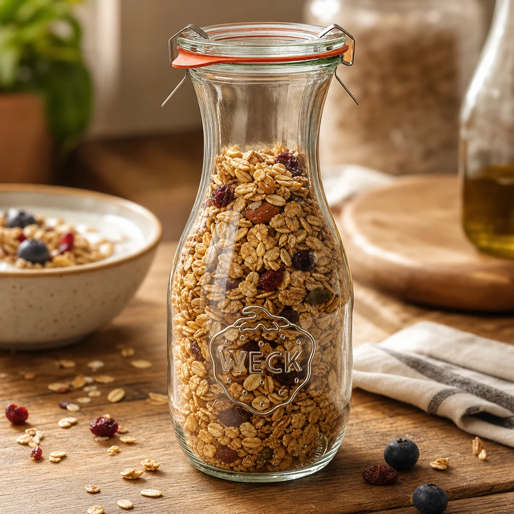 530 ml sapfles, compleet WECK RR60 WECK 530 ml sapfles RR60 gevuld met muesli toont veelzijdige opslag van granen en gedroogd fruit
