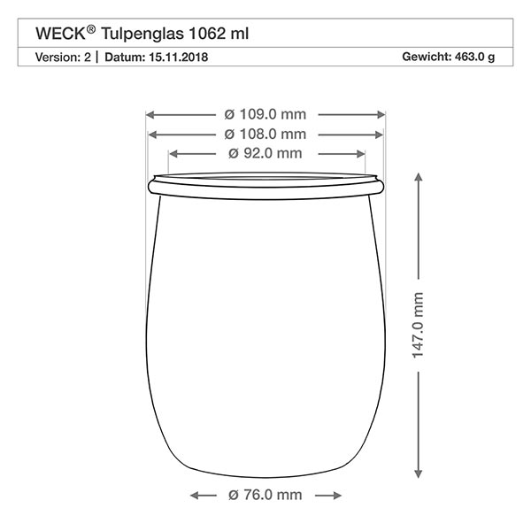 1062ml tulpenglas WECK RR100 met houten bal Technische tekening WECK tulpenpot 1062ml RR100 met afmetingen diameter hoogte voor keukenplanning