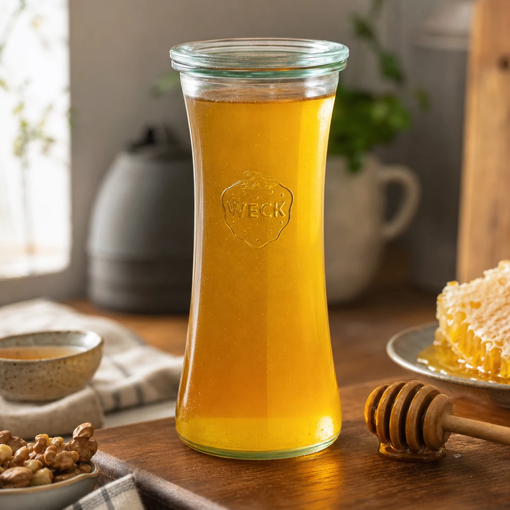 700ml delicatessenglas met glazen deksel WECK RR80 WECK Delikatessenglas 700ml RR80 mit Honig gefüllt neben Honigwabe und Honiglöffel in gemütlicher Küche