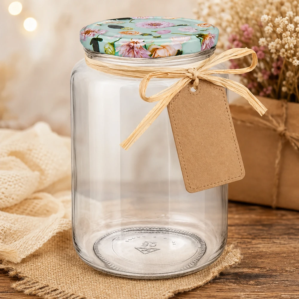 Ronde pot van 795 ml + BasicSeal-deksel met muntbloem UNiTWIST 795 ml ronde pot met cadeaulint en tag als cadeau, mint bloemendeksel voor creatieve DIY cadeau-ideeën