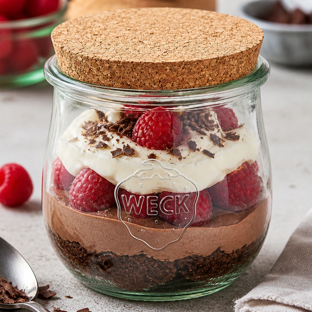 WECK pot 370ml RR80 met kurkdeksel als dessertpot voor gelaagd dessert met chocoladeroom en frambozen