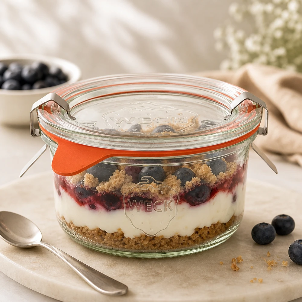 165ml stortglas compleet WECK RR80 WECK 165ml RR80 tumblers met een gelaagd dessert van bosbessen, yoghurt en crumble op een marmeren bord