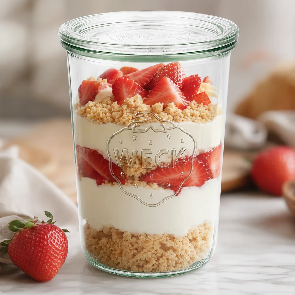 WECK RR100 glazen pot van 850 ml met glazen deksel WECK Sturzglas 850ml RR100 als stylisches Dessertglas mit Erdbeeren und Creme zeigt moderne Tischpräsentation