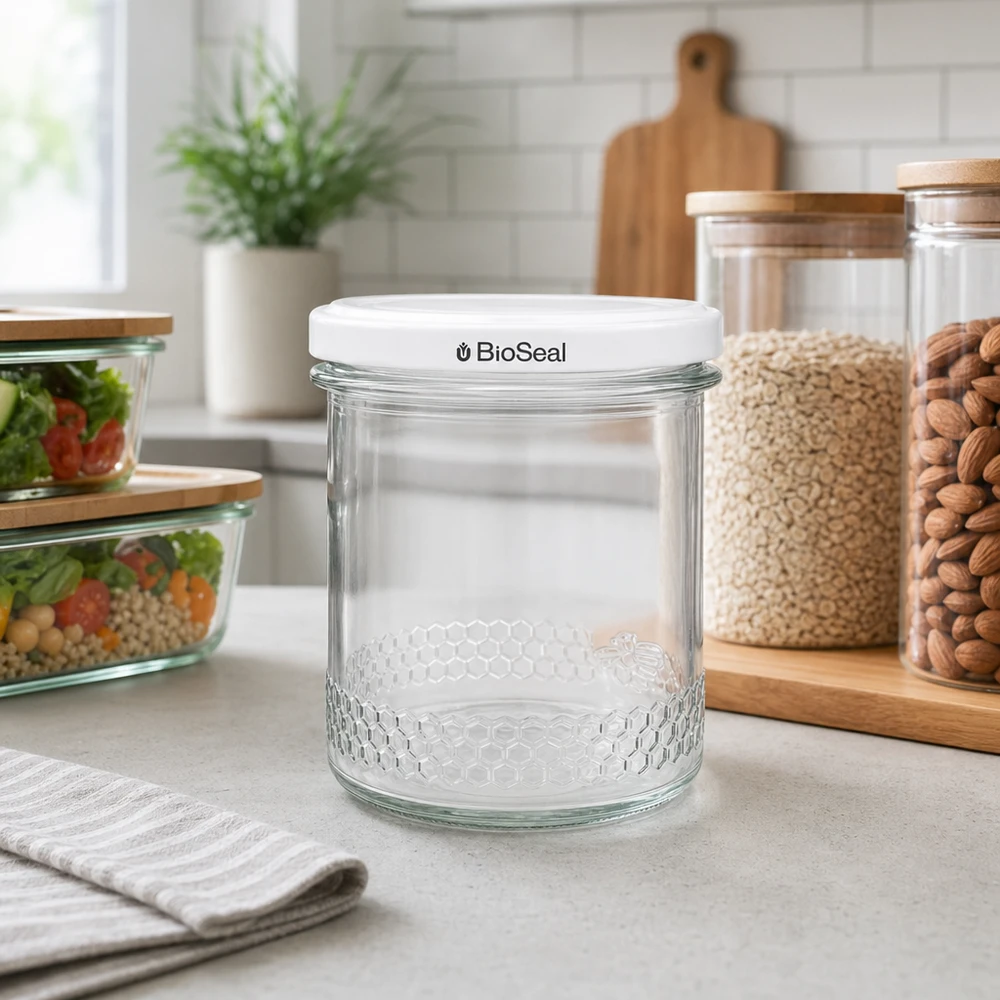 Honingpot 560 g met witte BioSeal UNiTWIST-deksel Lege 400 ml honingpot met wit BioSeal deksel in een moderne keuken naast voorraadpotten voor veelzijdig opbergen