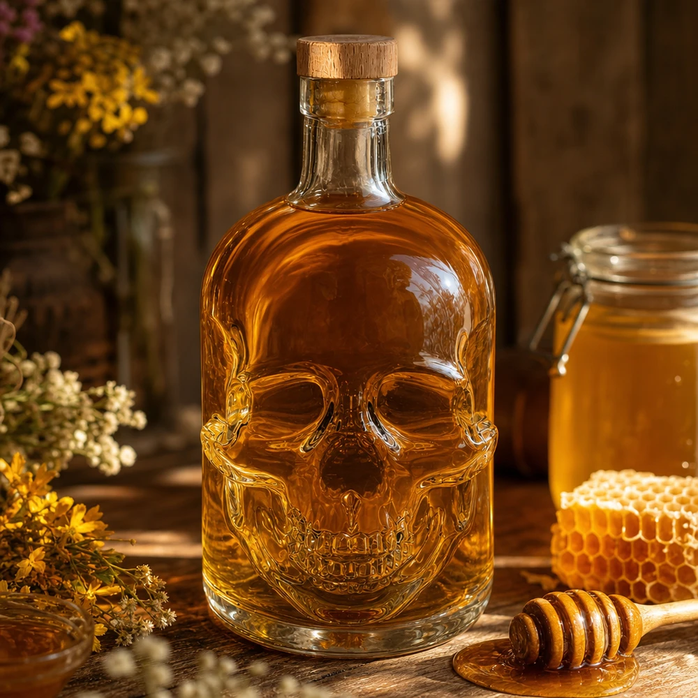 Totenkopf-Glasflasche 700ml mit Honig befüllt, umgeben von Bienenwaben und Wildblumen in rustikaler Atmosphäre
