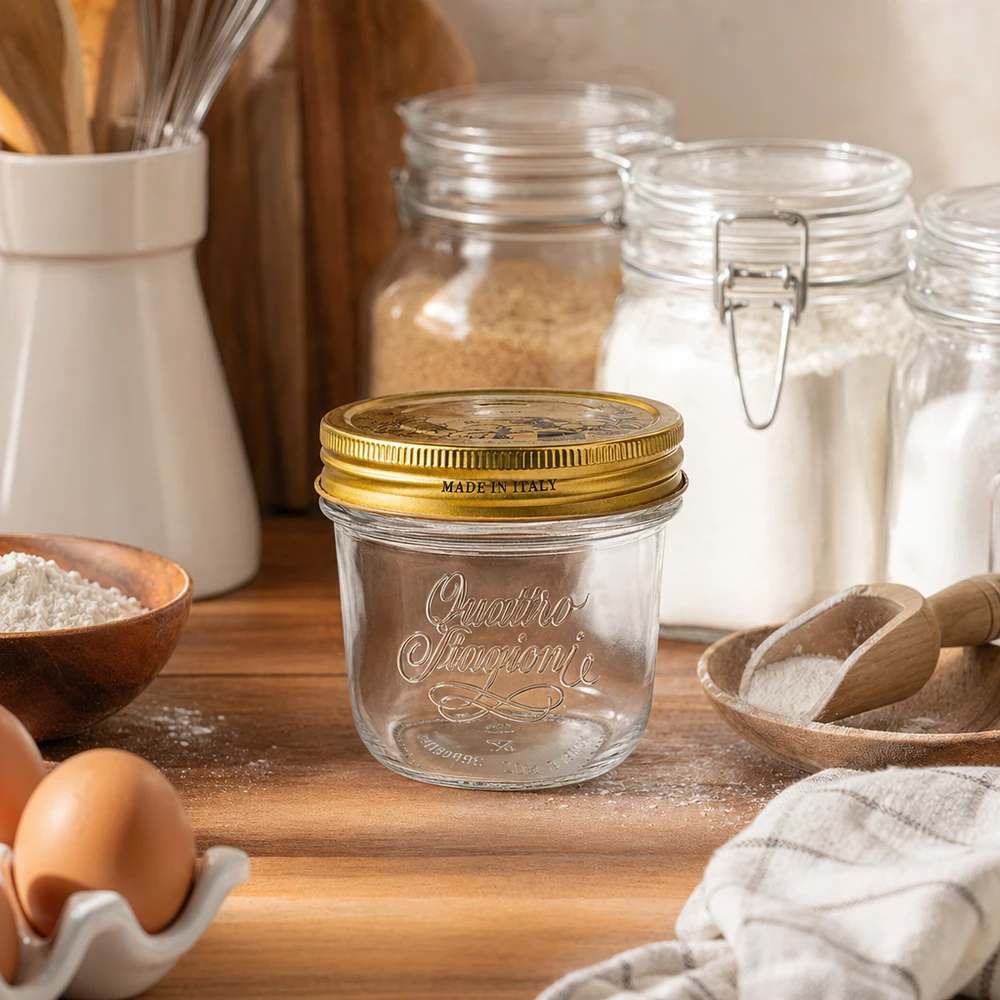 200ml Quattro Stagioni bekers met gouden deksel op houten plank naast bloem, eieren en keukengerei Gemaakt in Italië