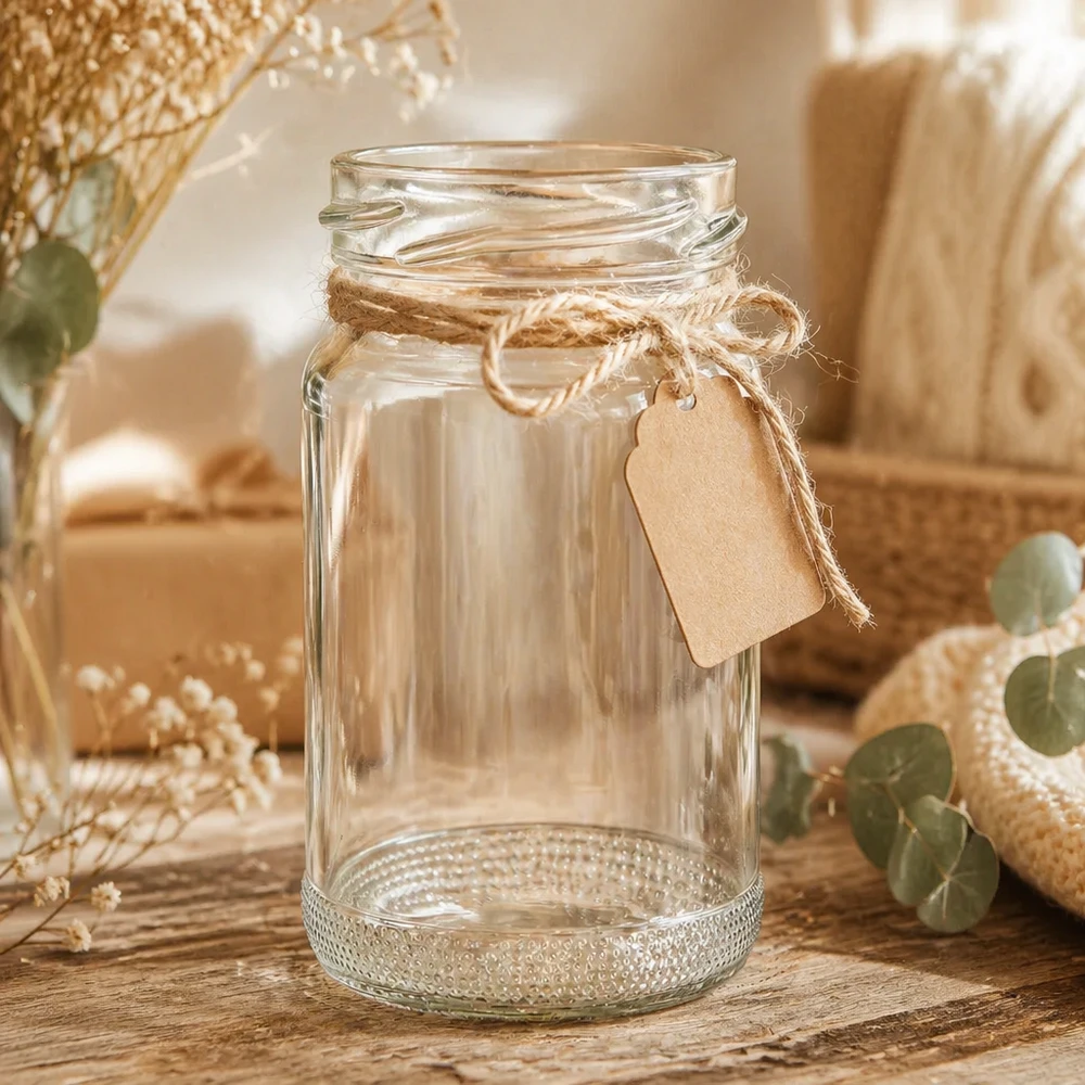 110ml rond glas zonder deksel (TO48) UNiTWIST UNiTWIST Runda110 ronde pot 110ml TO48 inmaakpot met jute koord en hanger versierd op een houten tafel