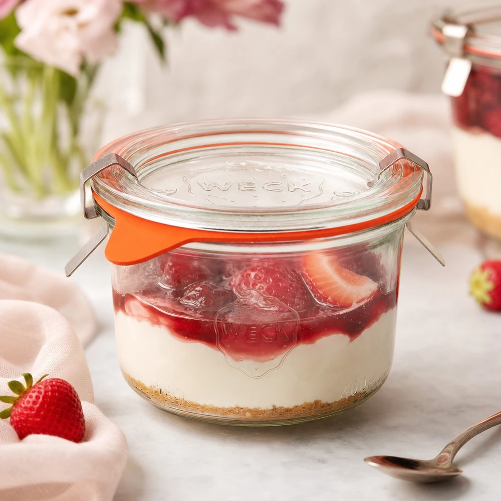 200ml stortglas compleet WECK RR80 WECK bekers 200ml RR80 gevuld met aardbeientoetje als portiepot voor tiramisu en zoete desserts
