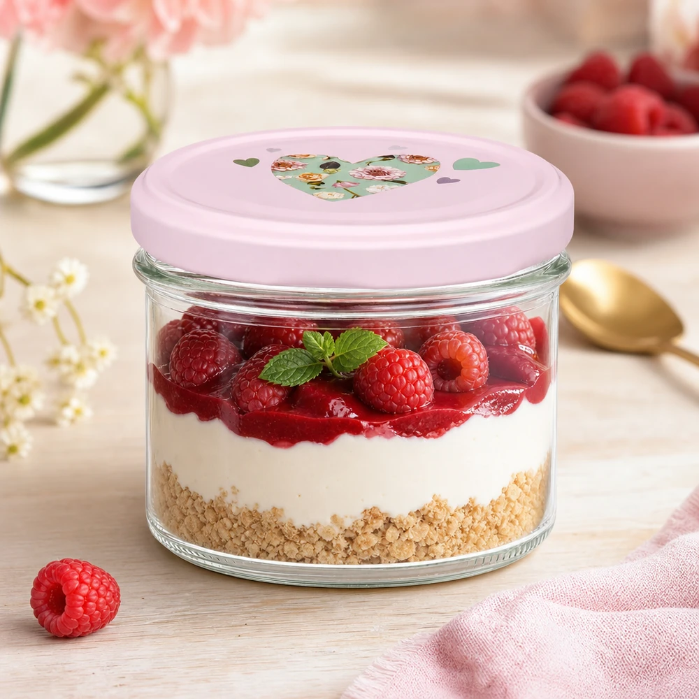 Glazen van 225 ml + BasicSeal-deksel met roze hart UNiTWIST Gelaagd dessert met frambozen in een 225 ml tumblers met een roze BasicSeal hart deksel als dessertglas op een houten plank