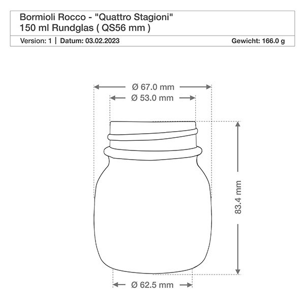 150 ml rond glas "Quattro Stagioni" met deksel 150ml rond glas Quattro Stagioni Bormioli Rocco technische tekening met afmetingen en gewicht 166g
