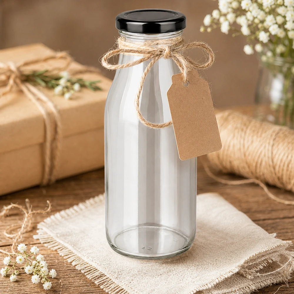 263ml fles met BasicSeal deksel zwart UNiTWIST 263 ml glazen fles met zwart deksel decoratief verpakt met jute koord en cadeaulabel op een houten tafel
