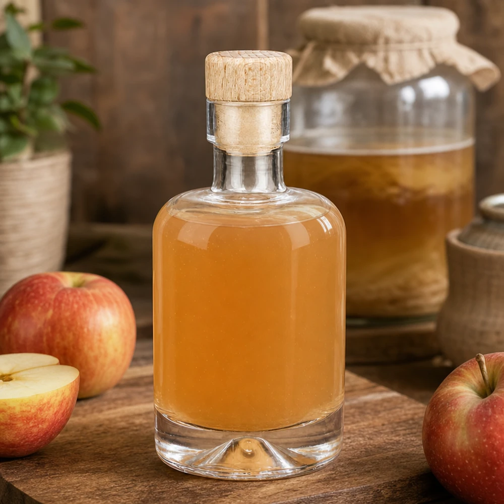 50 ml glazen fles Amelie met houten handgreep UNiTWIST 50ml glazen fles Amelie gevuld met appelbrandewijn tussen verse appels en honingpot rustiek gedecoreerd op houten tafel