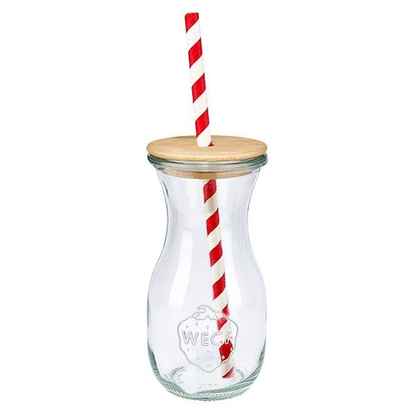 6 x WECK 290 ml sapfles RR60 met houten deksel en 100 ecologische papieren rietjes