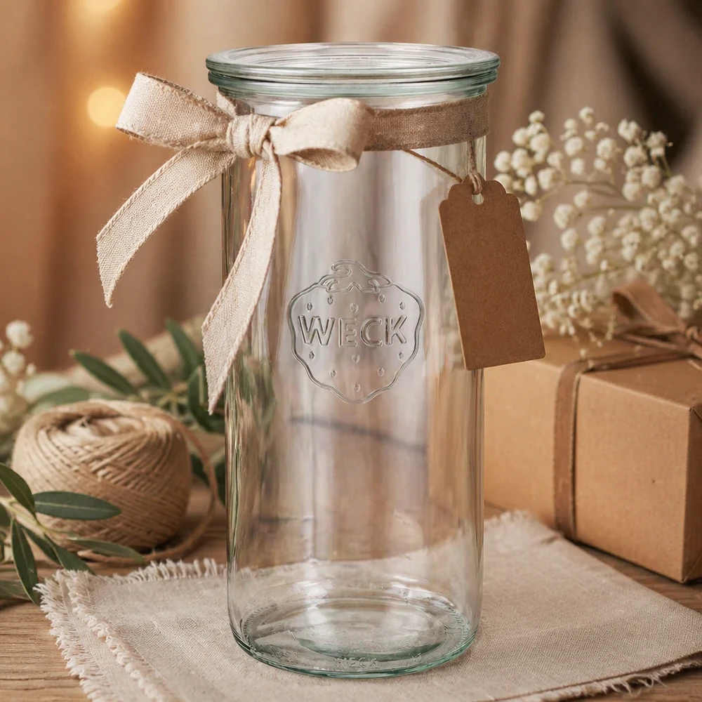 1500ml stortglas met glazen deksel WECK RR100 WECK 1500ml RR100 bekers als geschenk versierd met een beige lint en label op hout met geschenkverpakking