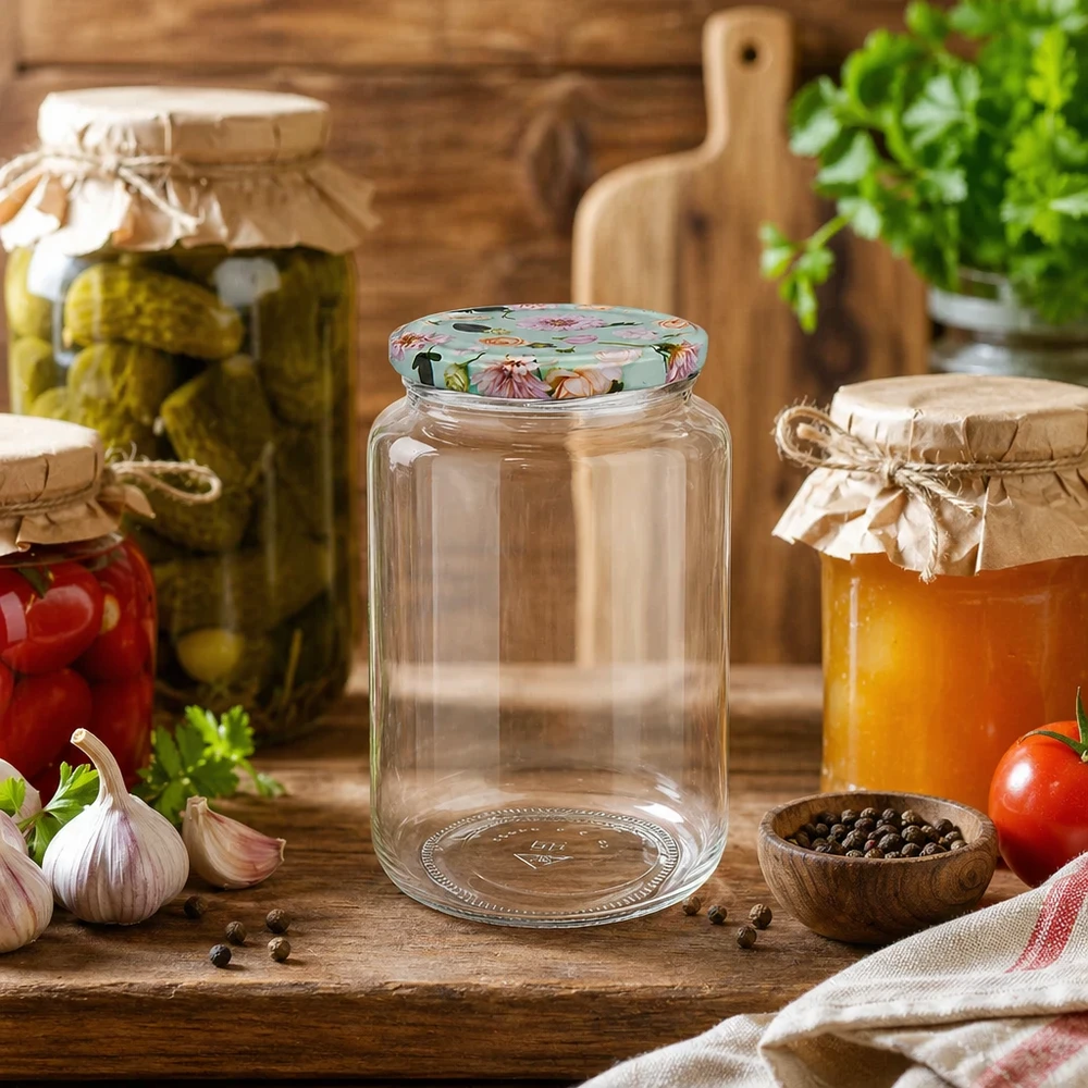 Ronde pot van 795 ml + BasicSeal-deksel met muntbloem UNiTWIST 795 ml ronde pot met muntbloemdeksel in een rustieke keuken, omringd door inmaakpotten en verse kruiden