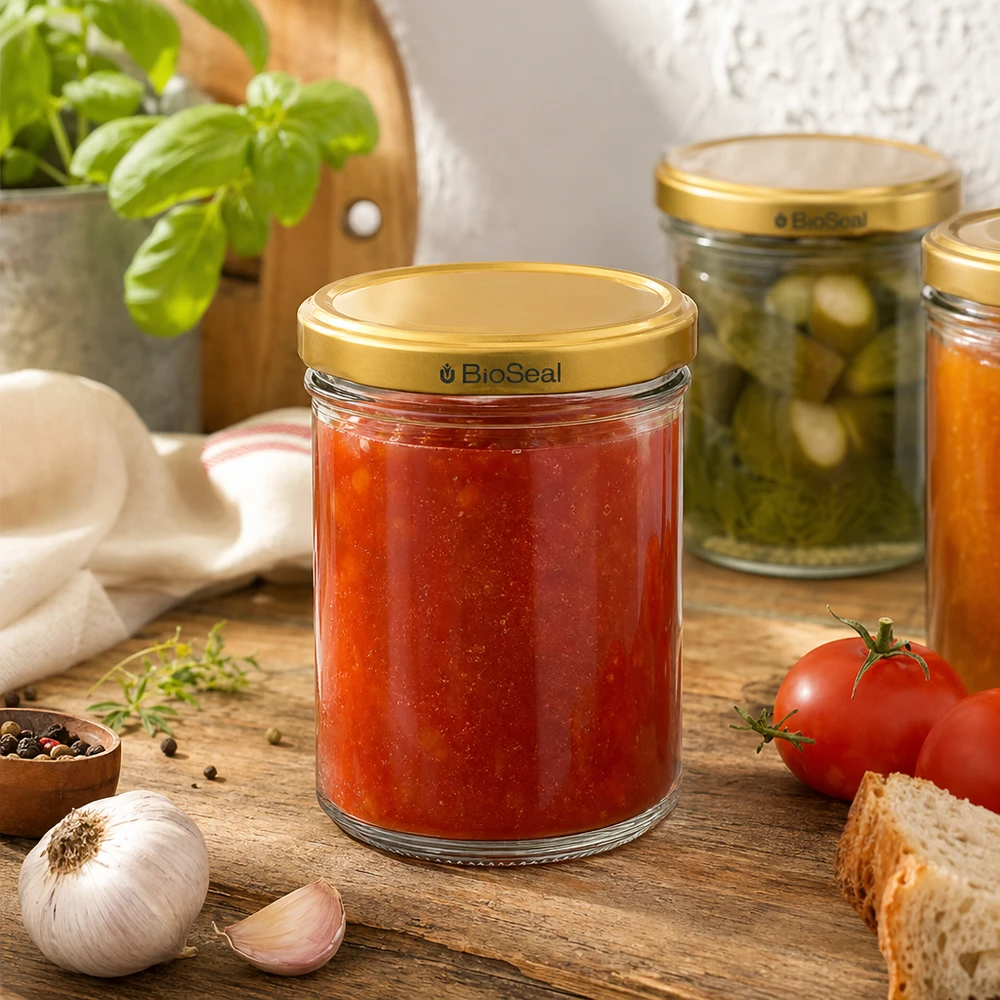 200g honingpot met gouden BioSeal deksel gevuld met jam in een keukenscène met tomaten en kruiden