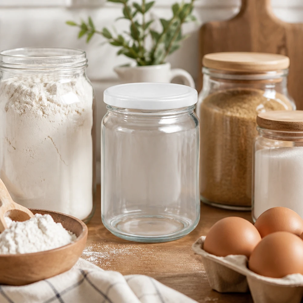 212ml ronde pot leeg met wit BasicSeal deksel UNiTWIST in keukenscène met bloem eieren voorraadpotten bakingrediënten