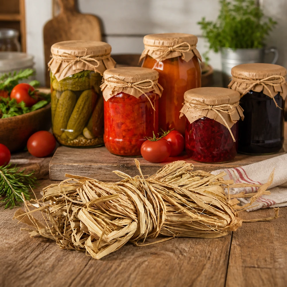 Natuurlijk raffia voor decoratie 30 g Natuurlijke raffia 30g als verzegeling voor inmaakpotten gebruikt in de rustieke keuken met ingemaakt voedsel