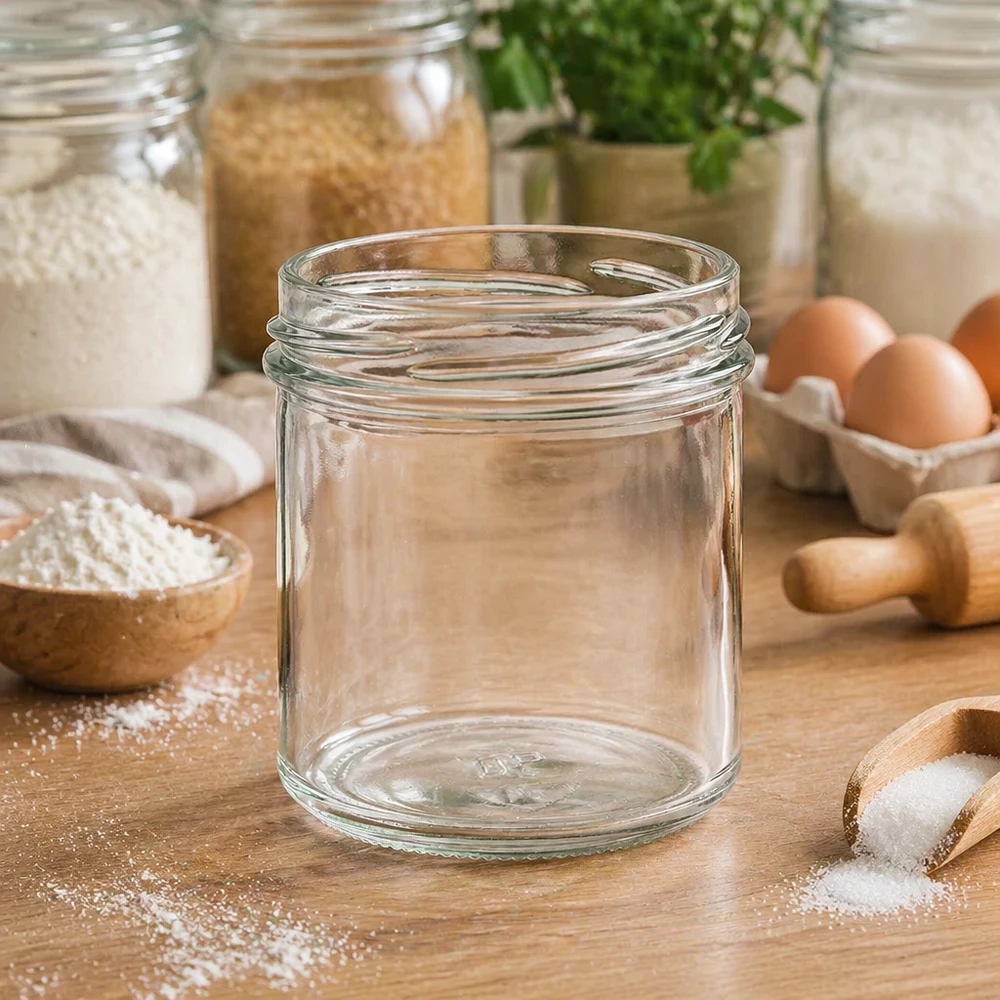 Lege 167ml TO66 UNiTWIST bekers op een houten tafel met keukengerei en ingrediënten op de achtergrond