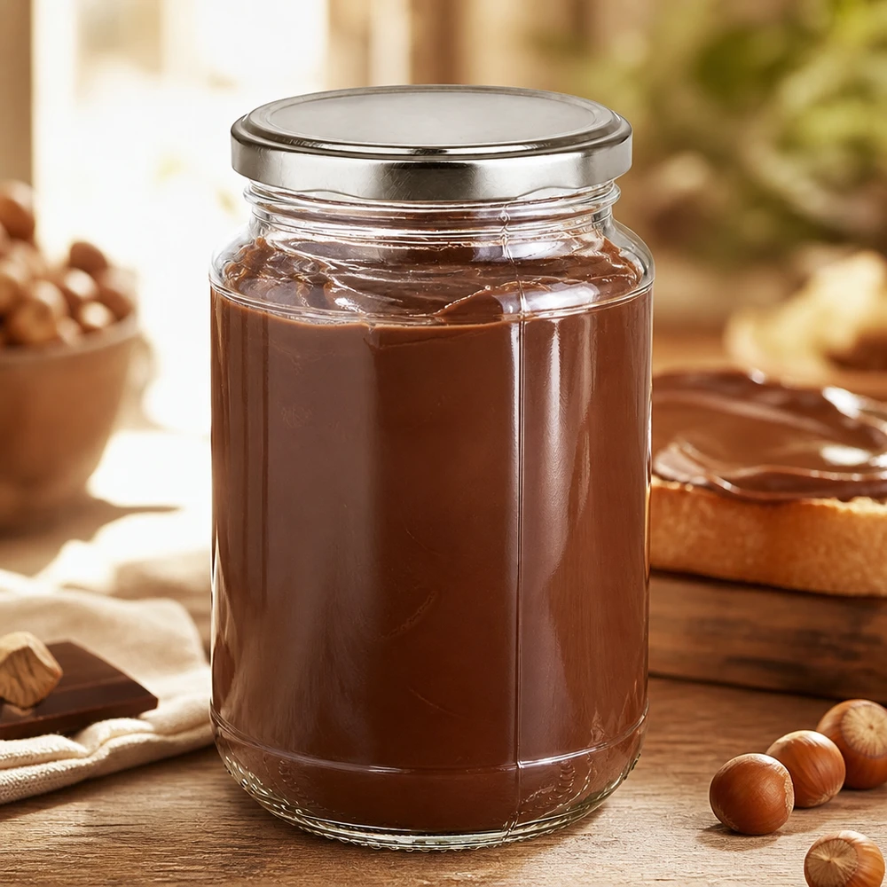 Rond glas van 320 ml + BasicSeal zilver UNiTWIST Gevuld rond glas BasicSeal van 320 ml, zilverkleurig, met romige chocoladepasta op hout