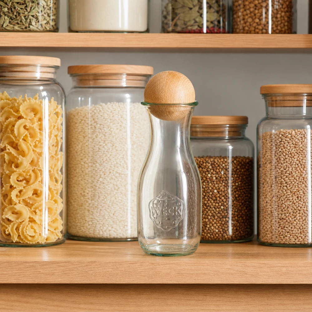 530ml sapflessen WECK RR60 met houten bal WECK sapfles 530ml met beukenhouten bol in georganiseerde voorraadkast tussen potten pasta en rijst