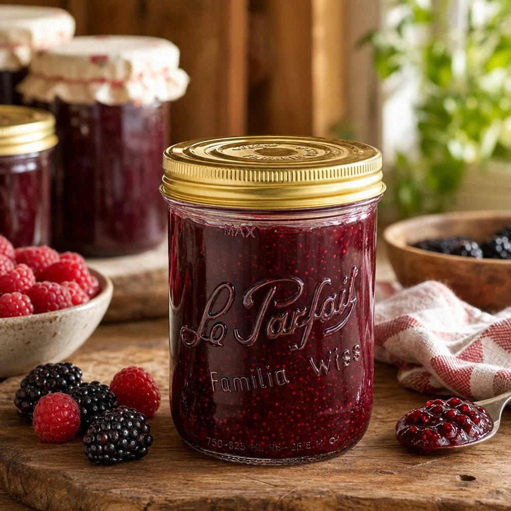 Le Parfait® Familia Wiss 1 kg Ø100 mm pot Familia Wiss 1020ml bekers met 2-delig dekselsysteem Le P gevuld met bessenjam op een houten tafel