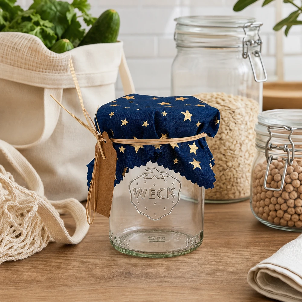 Stoffen doily sterren blauw 120x120mm vierkant Blauwe decoratieve doily met gouden sterren op een Weck pot in een rustieke keukenscène met voorraadpotten en textiel
