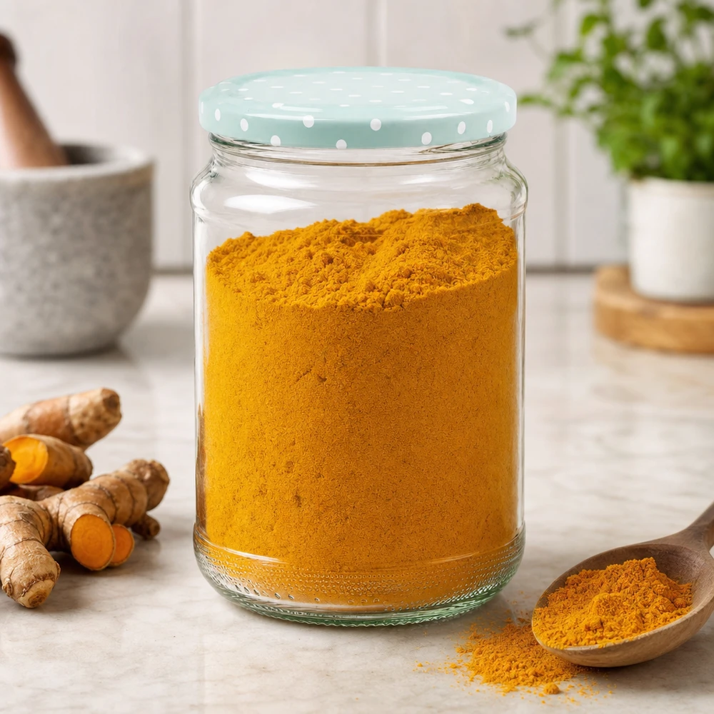Ronde pot van 375 ml + deksel BasicSeal mint lichtpuntjes UNiTWIST Ronde pot 375ml gevuld met kurkuma poeder BasicSeal deksel mint stippen kruiden voorraadpot keuken