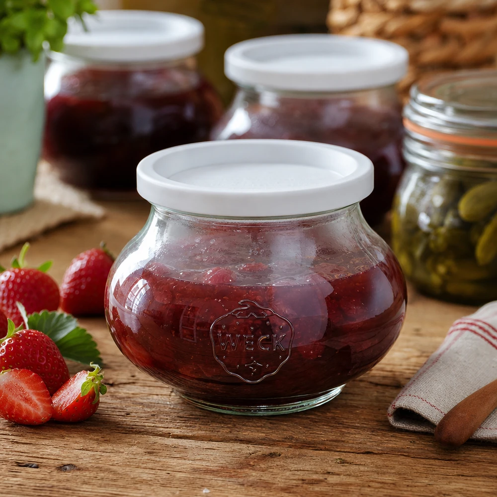 WECK RR80 sierglas van 560 ml met vershouddeksel WECK inmaakpot 560ml RR80 gevuld met aardbeienjam naast verse aardbeien op houten tafel in keuken