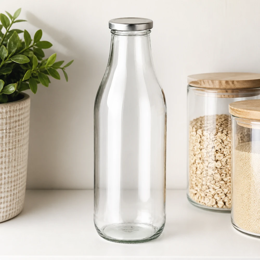 1000ml fles met BasicSeal deksel zilver UNiTWIST 1000ml glazen fles met BasicSeal deksel zilver naast voorraadpotten met granen en planten moderne keuken organisatie