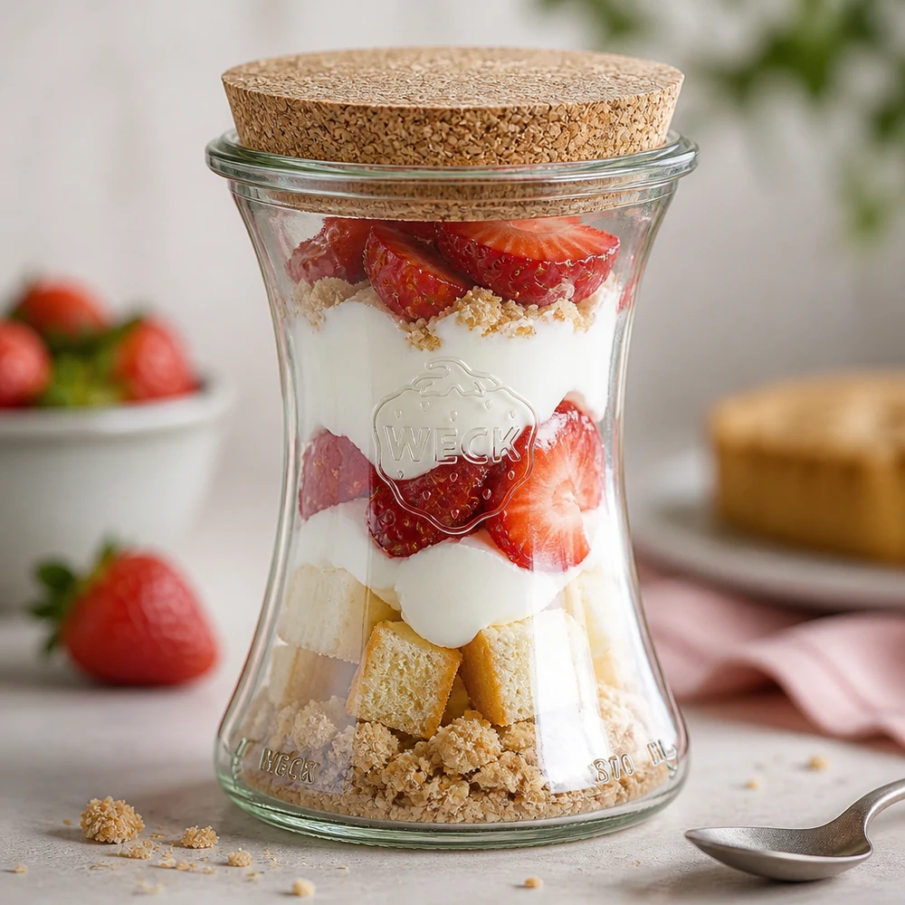 370ml delicatessenglas WECK RR80 met kurk WECK pot 370ml RR80 als dessertbeker gevuld met een gelaagd dessert van aardbeien, yoghurt en koekkruimels