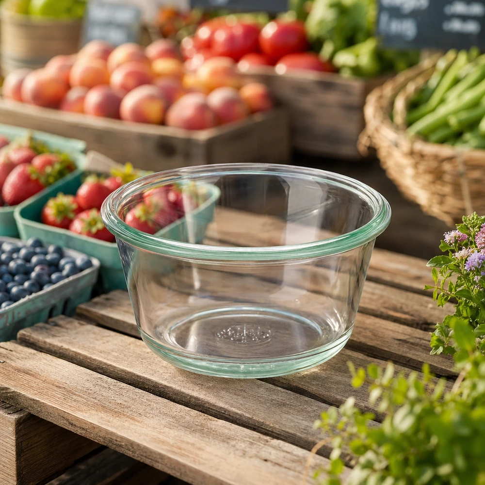 WECK RR100 290ml gourmetpot leeg op houten tafel met vers fruit en groenten op de achtergrond om te conserveren
