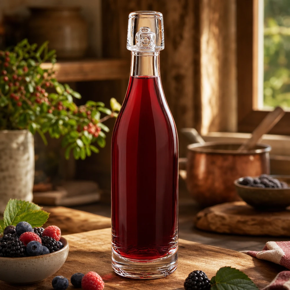 50 ml glazen fles zonder UNiTWIST mechanische sluiting 50 ml glazen fles UNiTWIST gevuld met rode bessensap naast verse bessen op een rustieke houten keukentafel