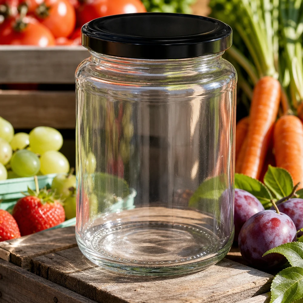 382ml rond glas met BasicSeal deksel zwart UNiTWIST 382ml rond glas BasicSeal zwart omringd door verse fruitgroenten aardbeien druiven wortelen pruimen buiten