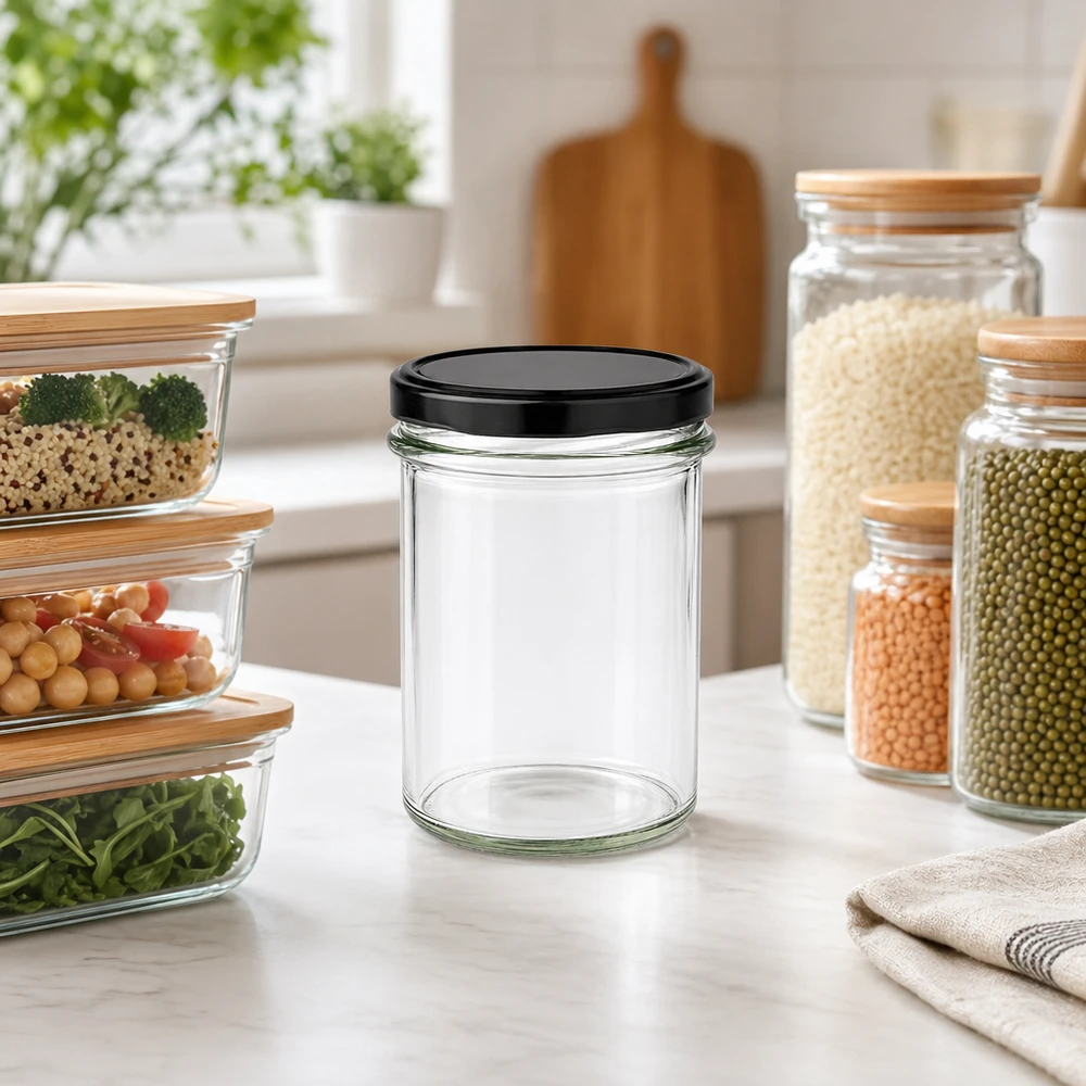 230ml bekers met BasicSeal deksel zwart UNiTWIST 230ml beker BasicSeal zwart leeg in moderne keuken met voorraadpotten opbergorganisatie keukenscène