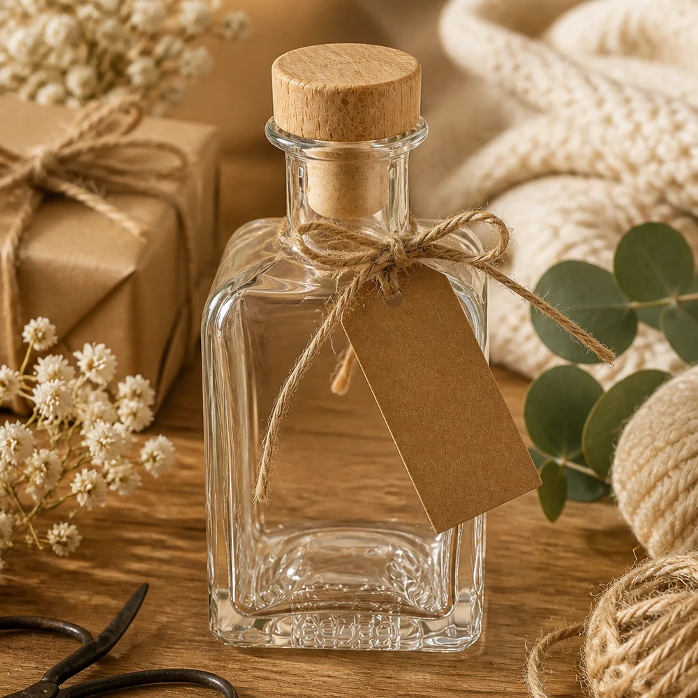 200 ml Apothekersfles Clara met houten handgreepkurk UNiTWIST® 200ml Glasflasche Clara mit Kraftpapier-Anhänger Holzkorken Geschenkverpackung natürliche Materialien Vintage-Stil