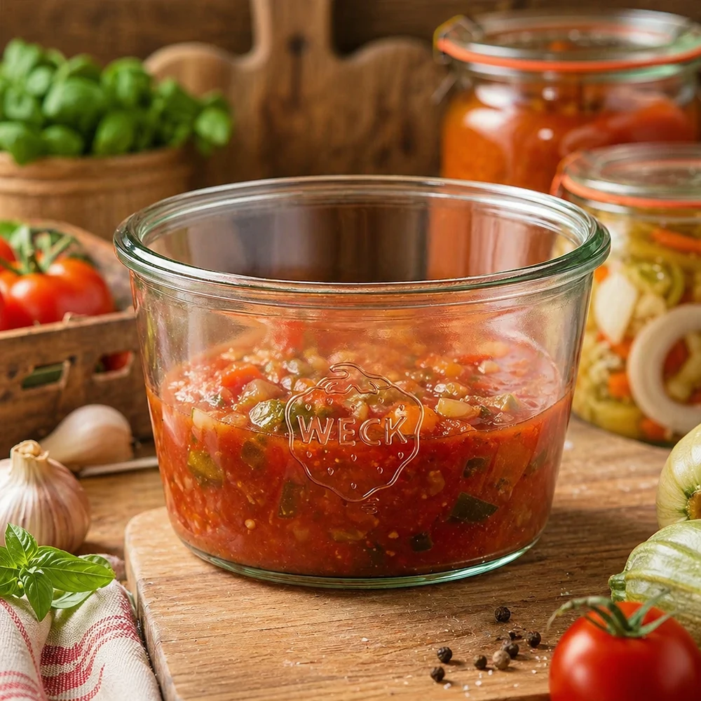 370ml stortglas WECK RR100 WECK 370 ml RR100 pot gevuld met tomatensaus op een houten tafel naast verse tomaten en kruiden