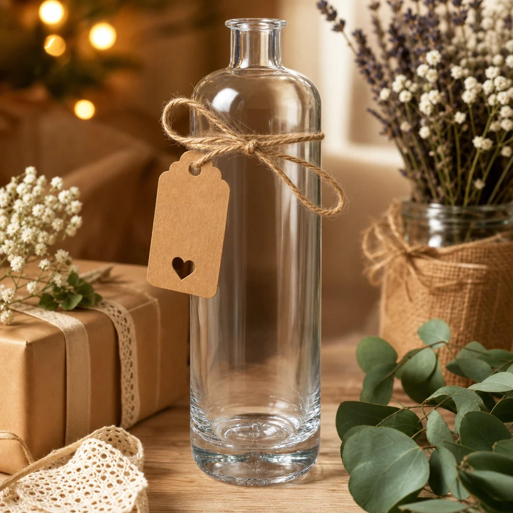 700 ml glazen fles Ella zonder sluiting UNiTWIST® 700 ml glazen fles Ella decoratief gerangschikt met jute koord en gedroogde bloemen als cadeau-idee