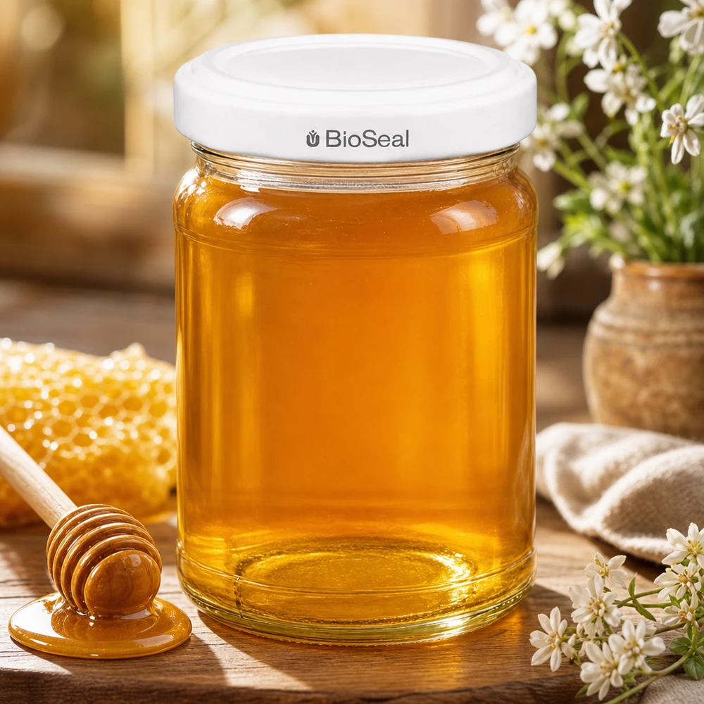 205ml rond glas met BioSeal deksel wit UNiTWIST UNiTWIST Runda205 honingpot met wit TO58 BioSeal deksel naast honingraat en honinglepel in natuurlijke omgeving