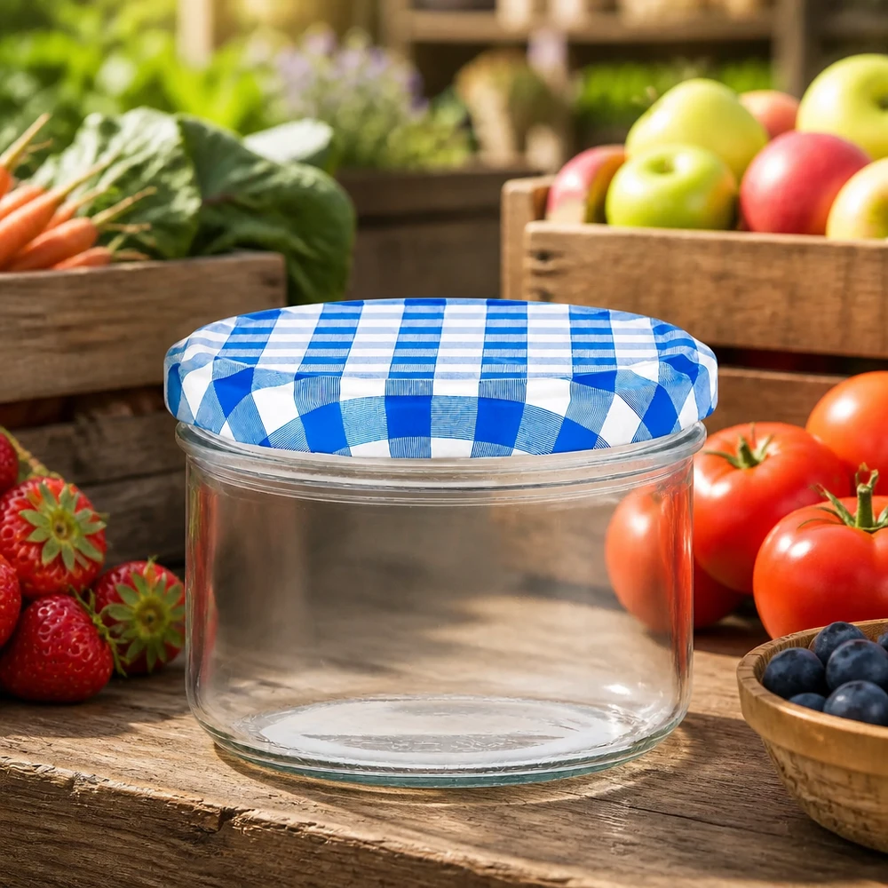 230ml cilindrische pot met BasicSeal deksel blauw UNiTWIST 230ml cilinderpot BasicSeal deksel blauw en wit in een natuurlijke keukenomgeving met vers fruit en groenten