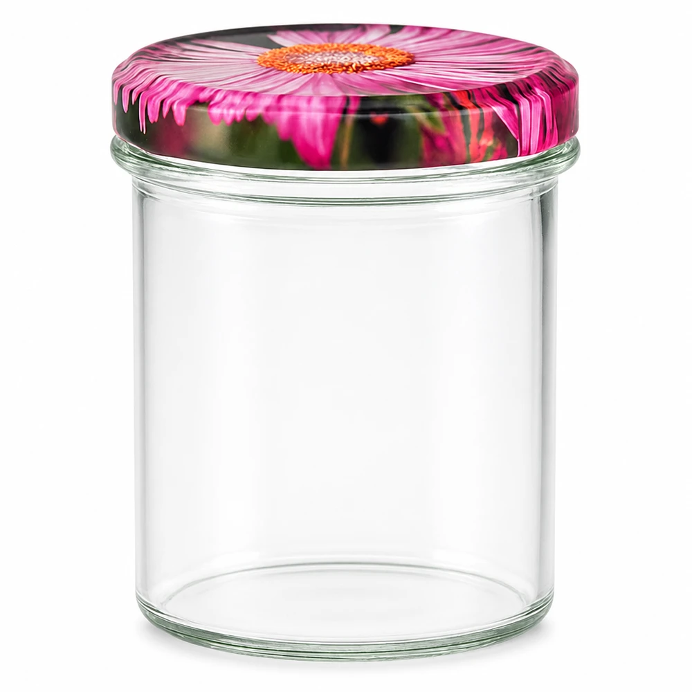 350ml bekers met BasicSeal deksel Bloemen decor UNiTWIST 350ml mason jar met BasicSeal deksel in bloemmotief roze gerbera inmaakpot voorraadpot transparant
