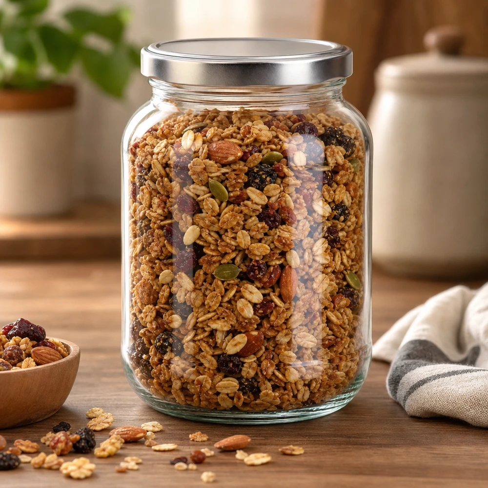 370ml ovaal glas met BasicSeal deksel zilver UNiTWIST Ovale pot van 370 ml met zilveren schroefdeksel gevuld met muesli en noten als voorraadpot in de keuken