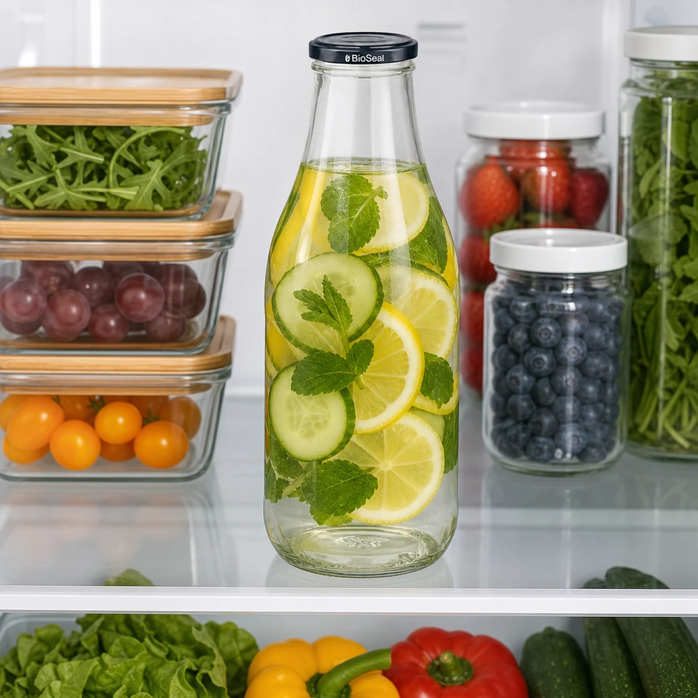 1000ml fles met BioSeal deksel zwart UNiTWIST 1000ml glazen fles met komkommerwater in de koelkast naast bakjes voor maaltijdbereiding bessen groenten duurzaam bewaren