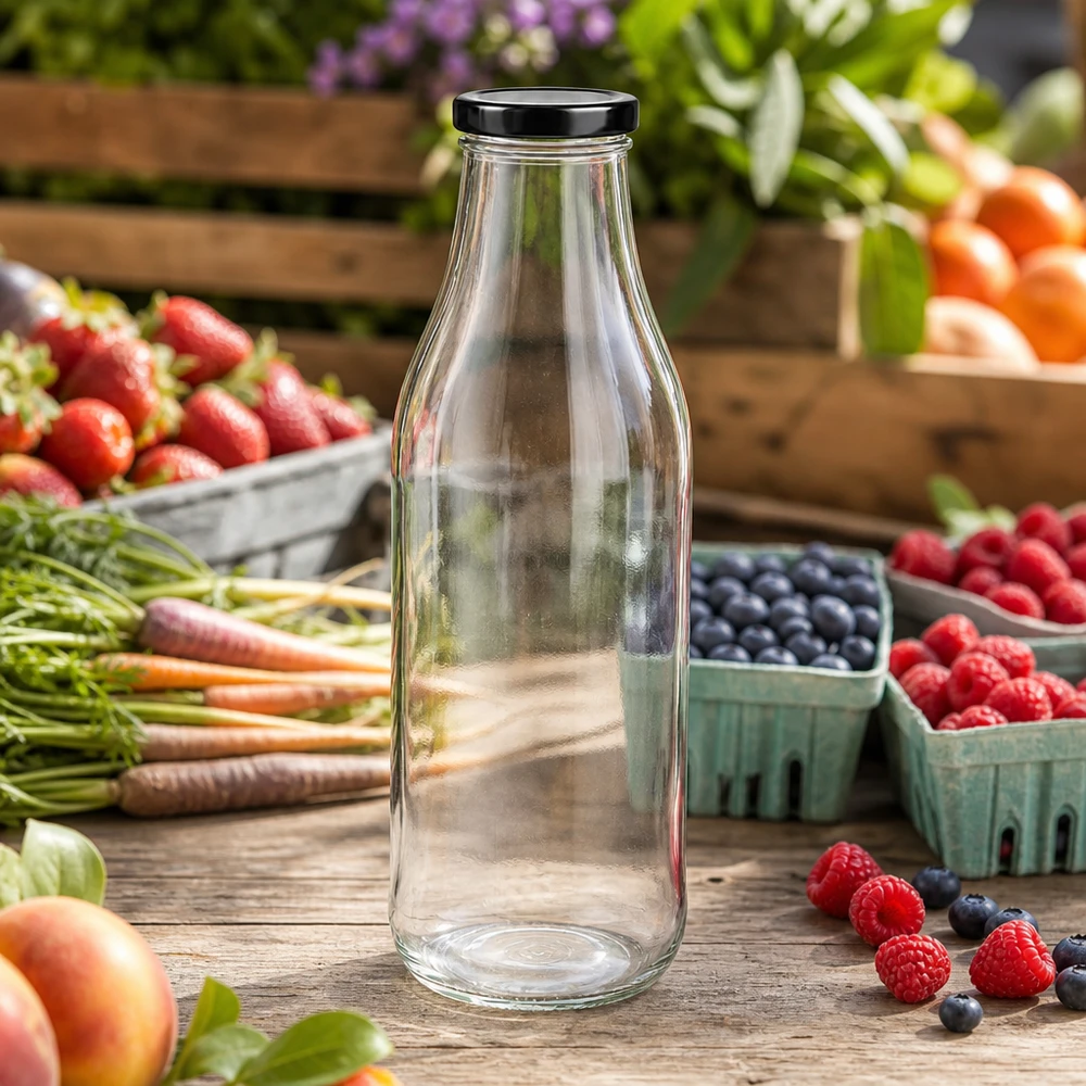 1000ml fles met BasicSeal deksel zwart UNiTWIST 1000ml glazen fles leeg op een rustieke houten tafel omringd door verse bessen, fruit en groenten buiten
